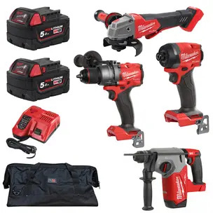 Milwaukee 18v 4 Piece Kit Combi Drill, Impact Driver, Hammer Drill & Angle Grinder - 2 x 5.0ah Batteries, Charger & Bag