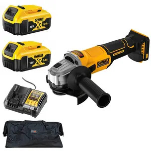 Dewalt DCG407N 18V XR Brushless 125mm Angle Grinder with Slide Switch Kit - 2 x 5.0ah Batteries, Charger & PTM Bag