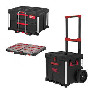 Milwaukee 3 Piece Packout Bundle -4932498651 Rolling Drawer, 4932472129 2 Drawer Tool Box & 4932471064 Slim Organiser Case