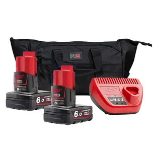 Milwaukee M12 6.0Ah Energy Pack In PTM Bag - 2 x M12B6 6.0Ah Batteries, C12C Charger  with PTM Bag