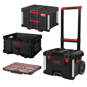 Milwaukee Packout Bundle -Large Trolley Box, 2 Drawer Tool Box, Slim Organiser & Crate
