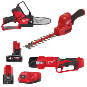 Milwaukee M12 3 Piece Gardening Tool Kit, Hedge Trimmer, Pruning Saw & Shears - 4.0ah & 2.0ah Batteries & Charger