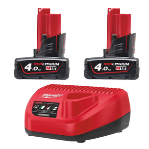 Milwaukee M12B4 12v 4.0ah Battery Twin Pack and Charger Energy Kit 