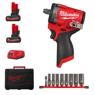 Milwaukee M12FCIWF12G3-502X 12v Fuel 1/2" Compact Impact Wrench Kit - 2 x 5.0ah High Output Batteries & 4932480455 3/8" 9 Piece Impact Socket Deep Set