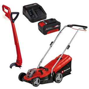 Einhell 3413260 GE-CM 18/33 18v Brushless 33cm Lawn Mower & 3411104 GC-CT 18/24 18v Grass Trimmer Kit - 4.0ah Battery & Charger