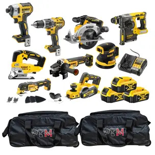 Dewalt 9 Piece 18V XR Brushless Power Tool Kit, 3x 5.0Ah Batteries, Charger & 2 x Bags