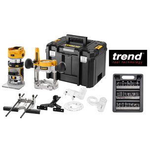 DeWalt DCW604NT-XJ 18V XR Brushless Router/Trimmer with Extra Bases (Body Only) & Trend 24 Piece Starter Set 