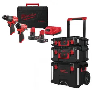 Milwaukee M12FPP2A2-602X 12v Fuel 2 Piece Powerpack NEW GEN Kit & 4932464244 3 Piece PACKOUT Storage System Set