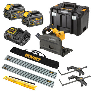 DeWalt DCS520NT 54V XR Flexvolt Plunge Saw Kit - 2 x 6.0ah Batteries, Charger, Guide Rails & Bag, Clamps,Connector & Case