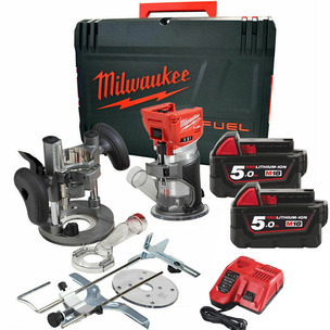 Milwaukee M18FTR-502X 18V Fuel Cordless Trim Router Kit with Accessories, 2 x 5.0Ah Batteries, Charger in Case