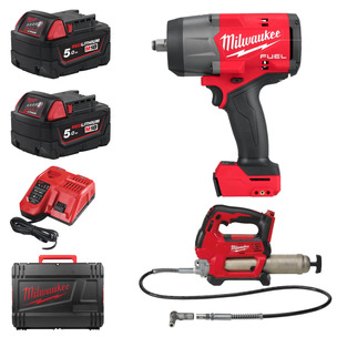 Milwaukee M18FHIW2F12-502X 18v Fuel 1/2" High Torque Impact Wrench with Friction Ring Kit & M18GG-0 18V Heavy Duty Grease Gun