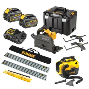 DeWalt DCS520T2 54V XR Flexvolt Plunge Saw Kit - 2 x 6.0ah Batteries, Charger, Guide Rails & Bag, Clamps,Connector, Case & DCV584L Wet and Dry Vacuum