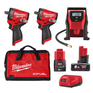 Milwaukee 3 Piece M12 Automotive Kit - 1/2" & 3/8" Compact Impact Wrenches, Inflator, 2.0ah & 6.0ah Batteries, Charger & Bag