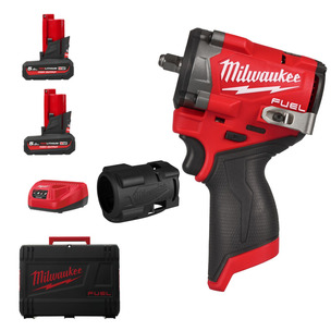 Milwaukee M12FCIWF38G3-502X 12v Fuel 3/8" Compact Impact Wrench Kit - 2 x 5.0ah High Output Batteries & 4932499365 Rubber Sleeve