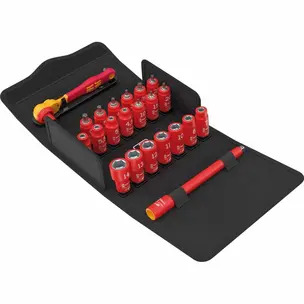 Wera 05004967001 8100 SA VDE 1 Zyklop Ratchet Set, Insulated, Reversing Lever, 1/4" Drive, Metric - 22 Pieces