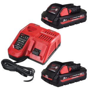 Milwaukee M18HB3 18v 3Ah High Output Battery Twin Pack and Fast Charger Energy Kit