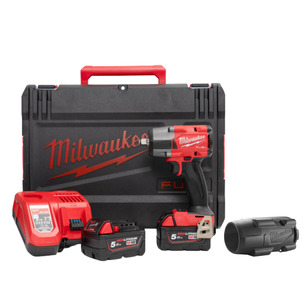 Milwaukee M18FMTIW2F12-502X 18V Fuel GEN2 Mid-Torque 1/2'' Impact Wrench with Friction Ring Kit (2 x 5.0Ah RedLithium-Ion Batteries, Charger & Case) & Sleeve 