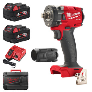 Milwaukee M18FIW2F12-502X 18V Fuel 1/2" Compact Impact Wrench with Friction Ring Kit (2 x 5.0Ah RedLithium-Ion Batteries, Charger & Case) & Sleeve 