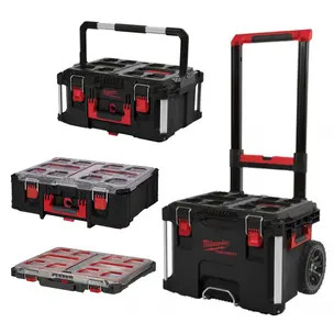 Milwaukee Packout 4 Piece Bundle- Large Trolley Box, Large Box, Deep Organiser & Slim Organiser