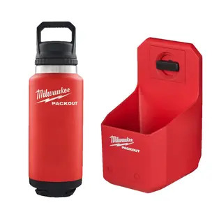Milwaukee 4932480706 Packout Cup Holder & 4932493467 Packout 1065ml Chug Lid Bottle Red