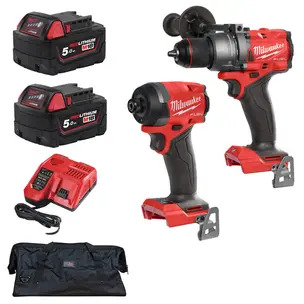 Milwaukee M18FPD3-0 18v Fuel Combi Drill & M18FID3-0 Fuel Impact Driver Kit - 2 x 5.0ah Batteries, Charger & PTM Bag