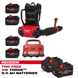 Milwaukee M18F2BPB-0 18v Fuel Dual Battery Backpack Blower Kit- 4 x 12.0ah Forge Batteries & 6 Bay Rapid Charger (CLAIM 2 FREE 8.0AH FORGE BATTERIES VIA MILWAUKEE REDEMPTION)