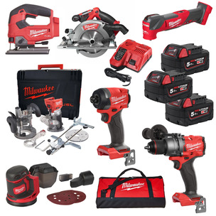 Milwaukee x PTM Ultimate 7 Piece Bespoke Carpenters Powertool Kit - 3 x M18B5 5.0Ah Batteries 