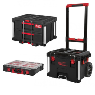 Milwaukee 4932464078 Packout Trolley Case, 4932472129 2 Drawer Tool Box & 4932464082 Organiser Case