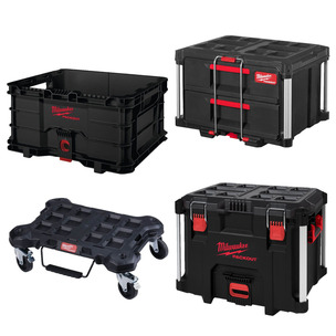Milwaukee 4 Piece Packout Bundle - 4932478162 XL Tool Box, 4932472129 2 Drawer Tool Box, 4932471724 Crate & 4932471068  Flat Trolley