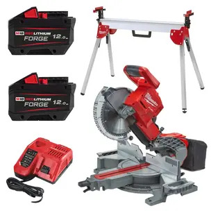 Milwaukee M18FMS254-0 18V Fuel 254mm Brushless Cordless Mitre Saw Kit - 2 x 12.0ah Forge Batteries, Charger & MSL2000 Stand