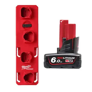Milwaukee 4932480708 Packout M12 Battery Holder & M12B6 12V 6.0Ah RedLithium-Ion Battery