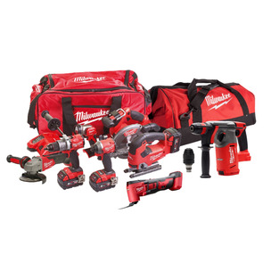 Milwaukee 18V 8 Piece Cordless Power Tool Kit - 3 x 5 Ah Batteries, Fast Charger With Two Bags 