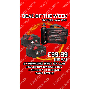 Milwaukee M18B4 18V 4.0Ah RedLithium-Ion Batteries (Twin Pack) & Velocity X PTM Lunch Bag & Bottle & 