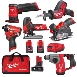 Milwaukee 6 Piece M12 Fuel Brushless Tool Kit - 2 x 2.0ah Batteries & 1 x 6.0ah Battery