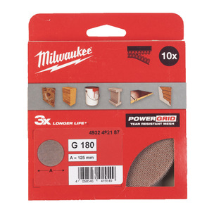 Milwaukee 125mm Power Grid Mesh Hook and Loop Sanding Discs Pack of 10 or 50 - Select Grit 