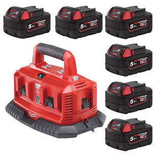 Milwaukee M18B5 18v 5.0ah RedLithium-Ion Batteries x 6 & M1418C6 Multi Bay Charger 240v