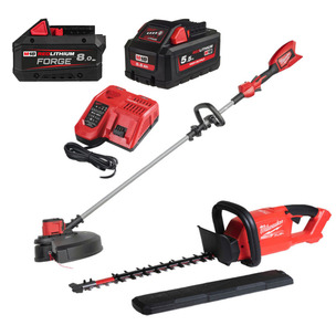 Milwaukee M18BLLT-0 Line Grass Trimmer & M18FHET45-0 45cm Fuel Hedge Trimmer Kit - 5.5ah & 8.0ah Batteries & Charger