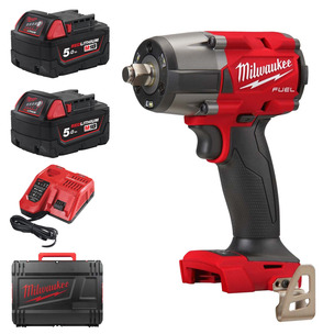 Milwaukee M18FMTIW2F12-502X 18V Fuel GEN2 Mid-Torque 1/2'' Impact Wrench with Friction Ring Kit (2 x 5.0Ah RedLithium-Ion Batteries, Charger & Case)