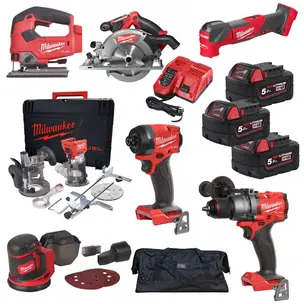 Milwaukee x PTM Ultimate 7 Piece Bespoke Carpenters Powertool Kit - 3 x M18B5 5.0Ah Batteries 