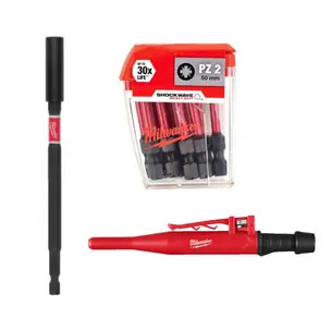 Milwaukee 4932430866 PZ2 50mm Impact Bit Set, 4932471822 152mm Bit Holder & 4932501156 Mechanical Construction Pencil with Graphite Leads