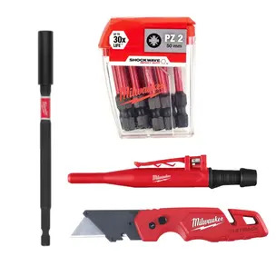 Milwaukee 4932430866 PZ2 50mm Impact Bit Set, 4932471822 152mm Bit Holder, 4932501156 Mechanical Construction Pencil with Graphite Leads & 4932471358 Knife