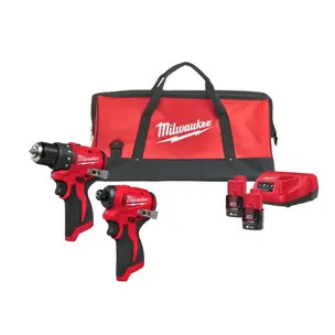 Milwaukee M12BLPP2D-202B 2 Piece 12V Brushless Combi Tool Kit - 2 x 2.0ah Batteries, Charger & Bag