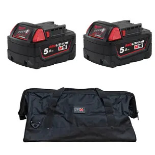Milwaukee M18B5 18V 5.0Ah RedLithium-Ion Battery - Twin Pack & Powertoolmate Medium Kit Bag