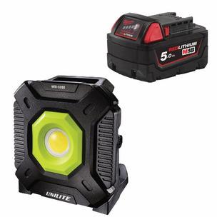  UNILITE MULTI BATTERY HYBRID WORK LIGHT WITH A MILWAUKEE 5AH BATTERY