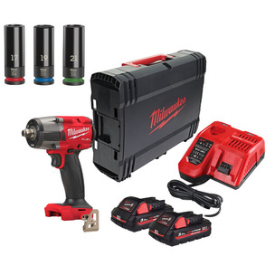 Milwaukee M18FMTIW2F12-302X 18v Fuel GEN2 Mid-Torque 1/2" Impact Wrench Kit & Wera Socket Set 