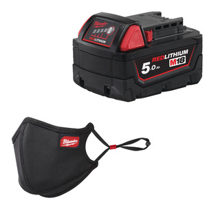Milwaukee M18B5 18V 5.0Ah Battery & Milwaukee 3-Layer Performance Face Mask *PACK OF 3* Select mask size