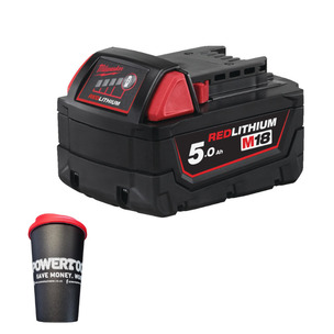 Milwaukee M18B5 18V 5.0ah Red Lithium-Ion Battery and Powertoolmate Travel Mug