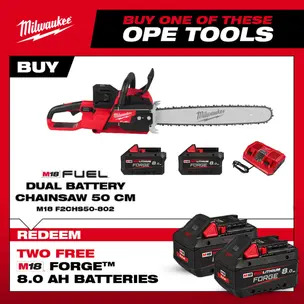 Milwaukee M18F2CHS50-802 18v Fuel Dual Battery 50cm Chainsaw Kit - 2 x 8.0ah Forge Batteries
