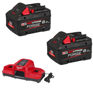 Milwaukee 18v Forge 8ah Battery Twin Pack and Dual Bay Super Charger Bundle - 2 x M18FB8 & M18DBSC