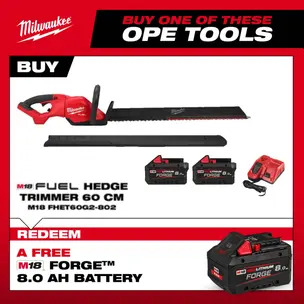 Milwaukee M18FHET60G2-0 18v 60cm Hedge Trimmer Kit - 2 x 8.0ah Forge Batteries & Charger